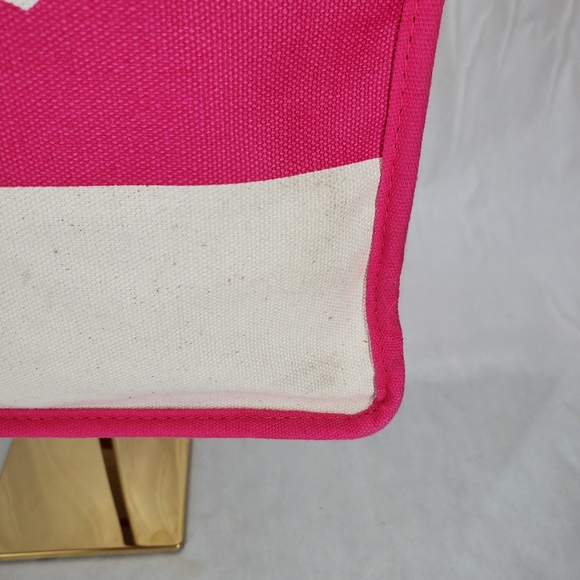 Juicy Couture Beige Canvas Tote Bag Pink Trim Logo Handle Errand Shopping School - Picture 6 of 13